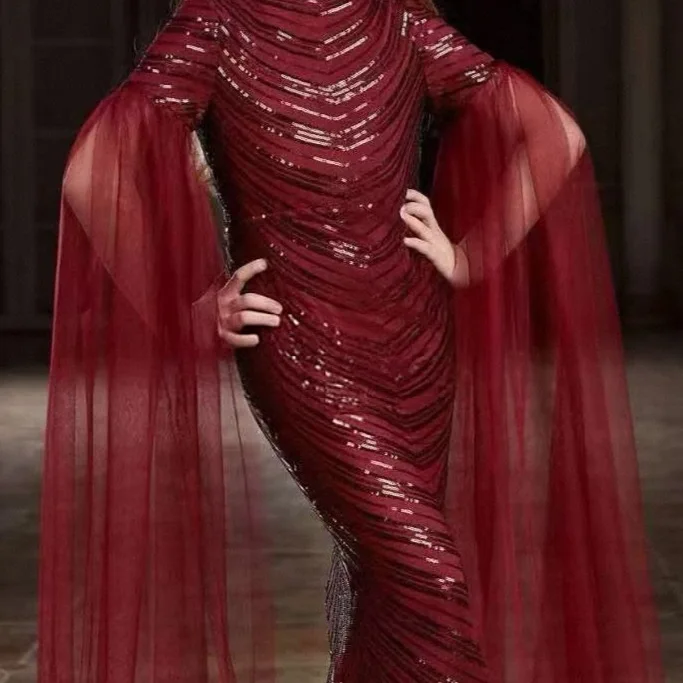 Flower Girl Wedding Dresse Swine Red Princess Dress Fishtail Sequin Gowns High Collar Graduation Prom Evening Gown Customized