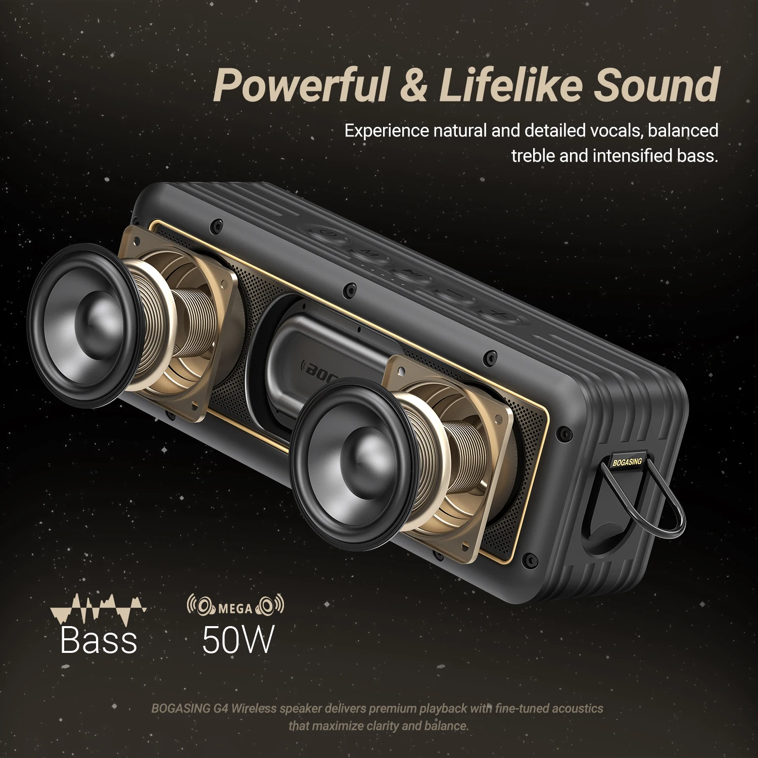 BOGASING G4 50W Portable Bluetooth Speaker, Deep Bass, 24H Playtime, IPX7 Waterproof, TWS, AUX, TF-Card, for Outdoor