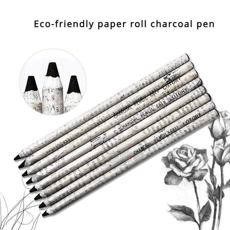 12pcs Extremely Black Environmental Protection Roll Paper Charcoal Pen Soft Charcoal Sketch Pencil Beginner Art  Drawing Pencils