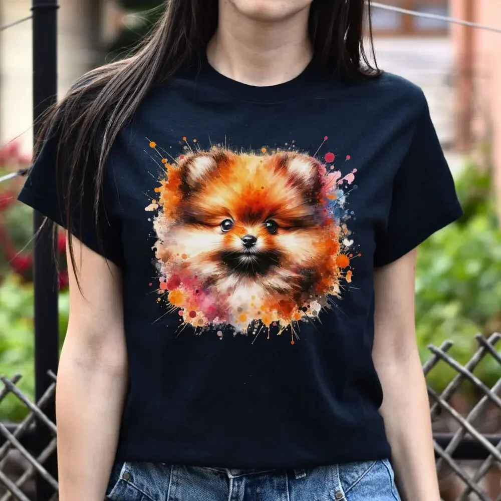 Pomeranian Dog Color Splash Unisex T-Shirt Black Navy Dark Heather tops Unisex Summer Short Sleeve