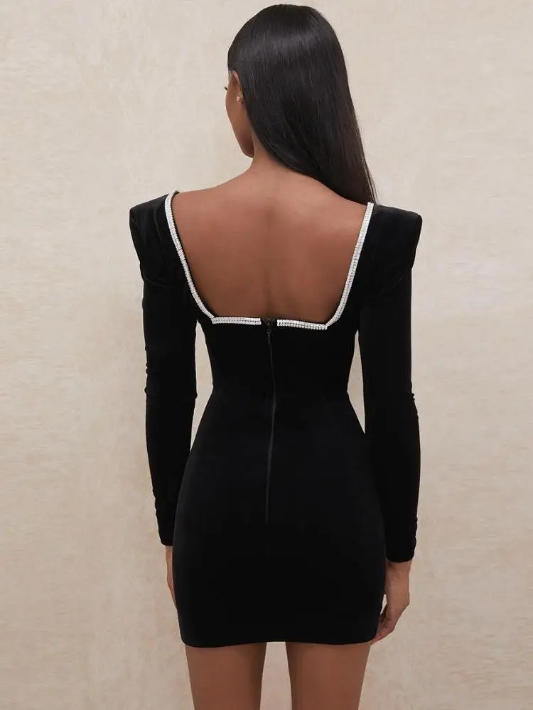 Vestido de lujo de manga larga con cristales de diamante negro para mujer, vestido de noche ajustado para invierno, Vestidos de boda y cumpleaños