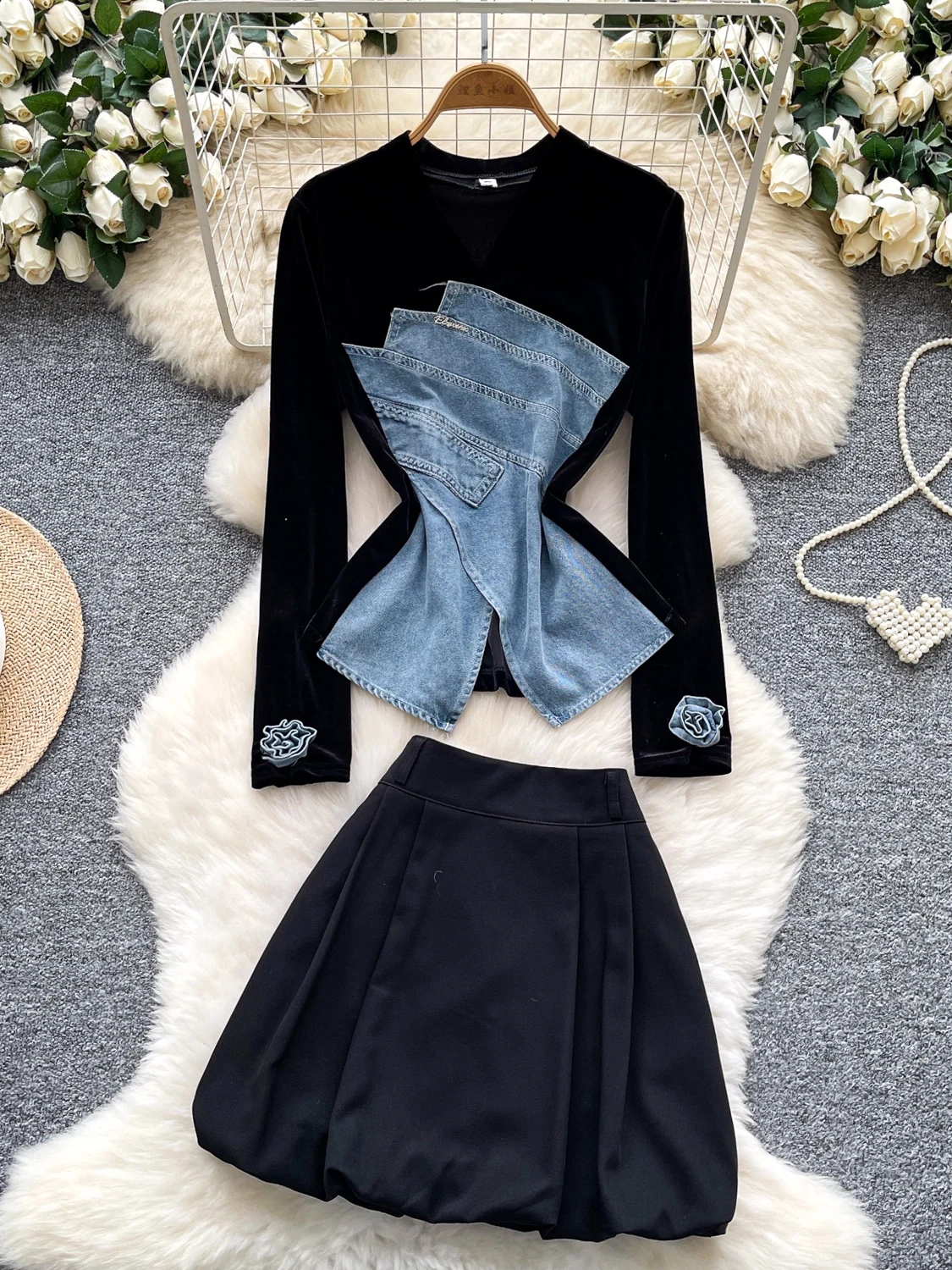 طقم أزياء نسائي للخريف والشتاء، تنورة منتفخة عالية الخصر وطباعة زهور الورد طويلة، تصميم غير متساوي