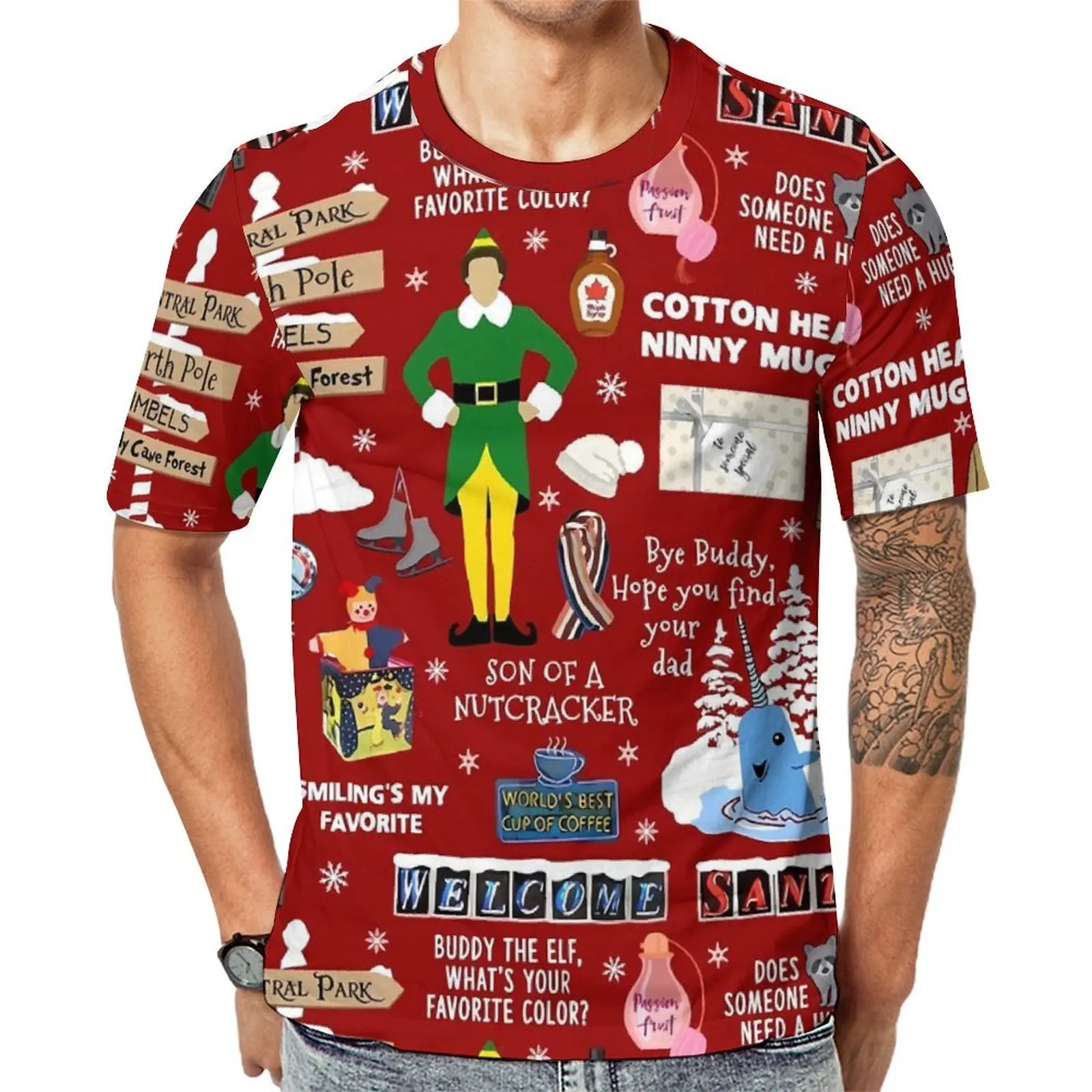 Christmas T Shirt Buddy The Elf Collage Vintage T-Shirts Men Funny Tee Shirt Beach Short Sleeve Printed Top Tees Plus Size 6XL