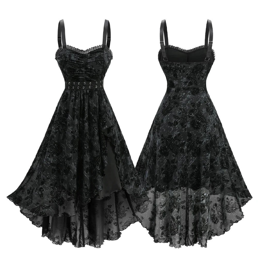 

ROSEGAL женские платья больших размеров, новинка 2026 года, черные цветы, кружевная отделка, рюши, оборки, шнуровка, люверсы, высокое низкое платье-майка, Vestidos