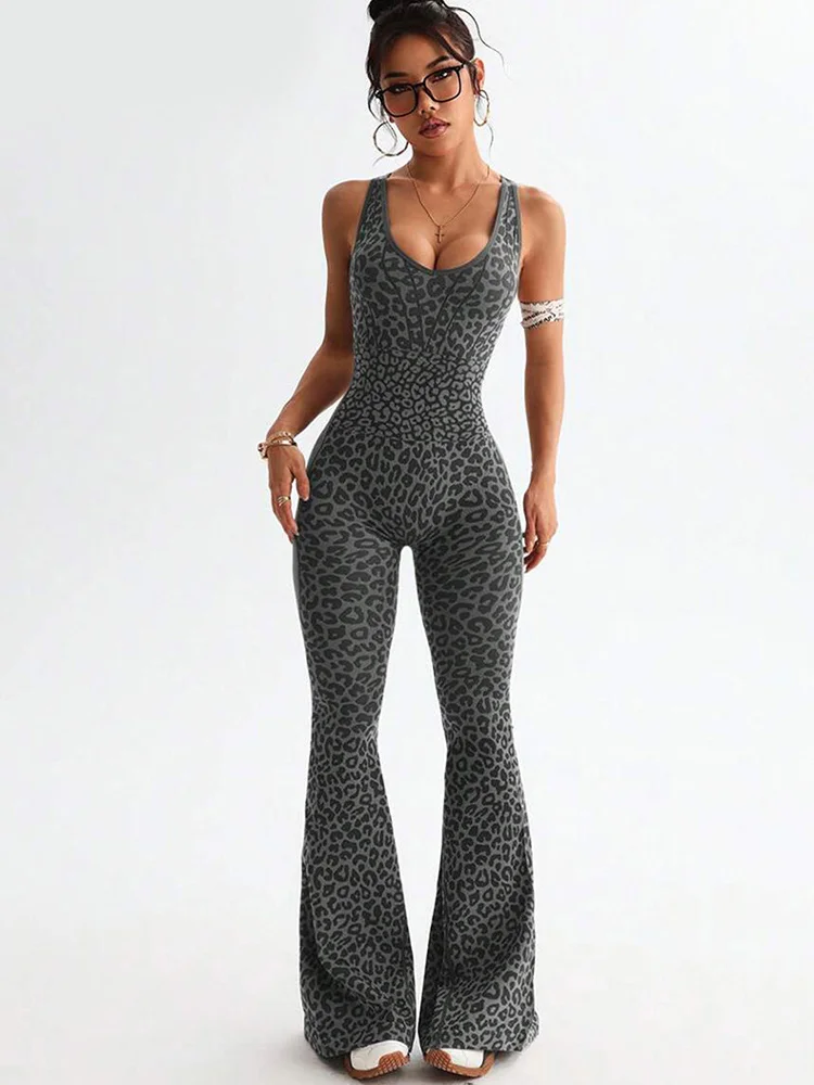 Leopard print cross back sports jumpsuit with cross shoulder straps, high waisted flared pants, yoga and fitness jumpsuit