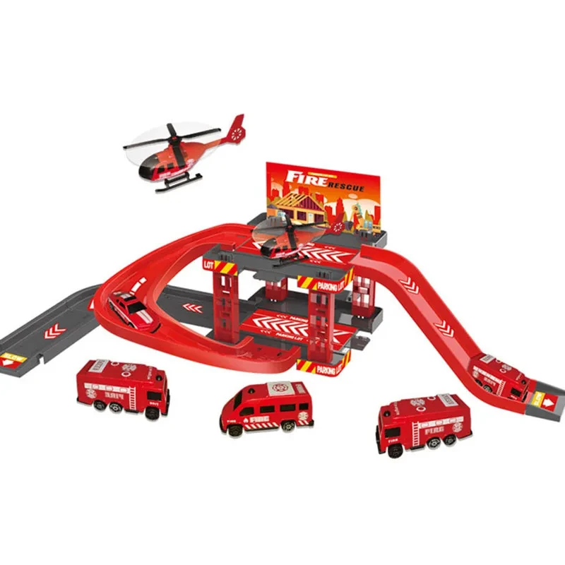 Coche de pista para niños, juguete deslizante, pista de una sola capa, motor de bomberos, dinosaurio, estacionamiento, juguete, juego de simulación, regalo para niños y niñas