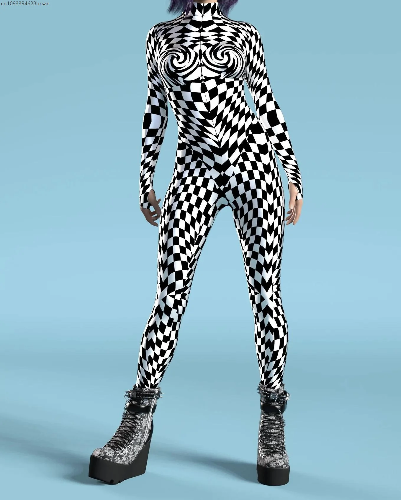 

Black White Chess Grid Pattern Sexy Women Jumpsuit 3D Print Halloween Cosplay Costume Party Jumpsuit Carnival Cycling Bodysuit