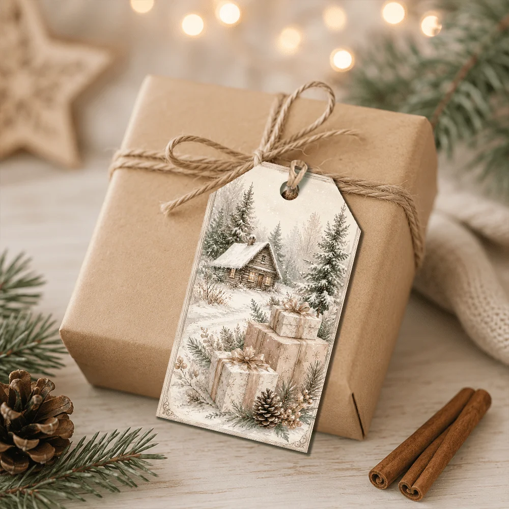 40 Stück Vintage Retro Weihnachts-Dekorationsanhänger, Feiertagsgeschenketiketten, Partydekorationen, handgemachte Verpackungsakzente, Juteseil – Detail 3