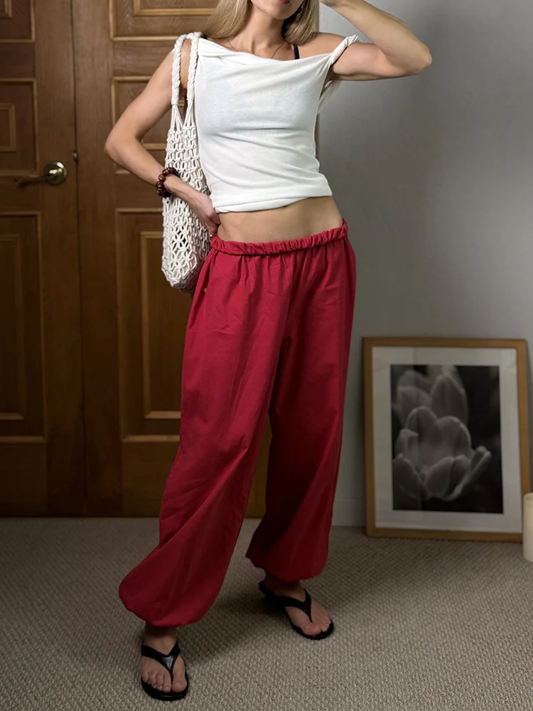 Wide Leg Red Pants For Women Cotton Long Bloomers White Autumn Elastic Waist Lantern Trousers Women Straight Practice Pants Lady