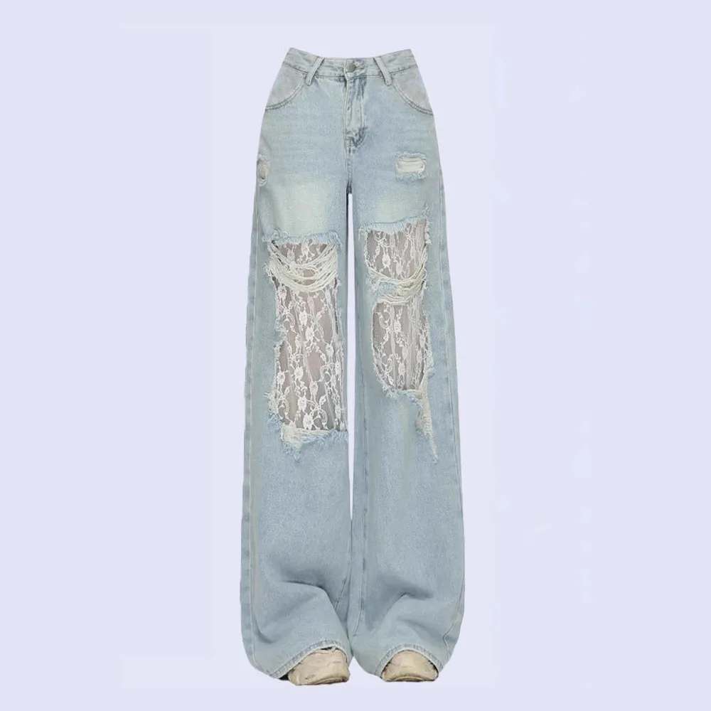 Lace Patchwork Design Light Blue Women's Jeans Vintage Style Solid Color High Elastic Spice Girls Trousers Casual Style Pants