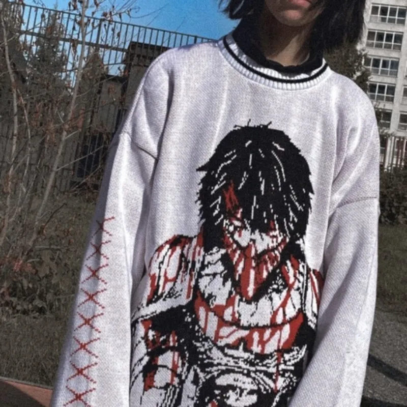 Printing Gothic Black Cartoon Anime Knitwear Y2K Winter Oversized Women Men’s Sweater 2000s Punk Couple Jumper Teen's Clothes