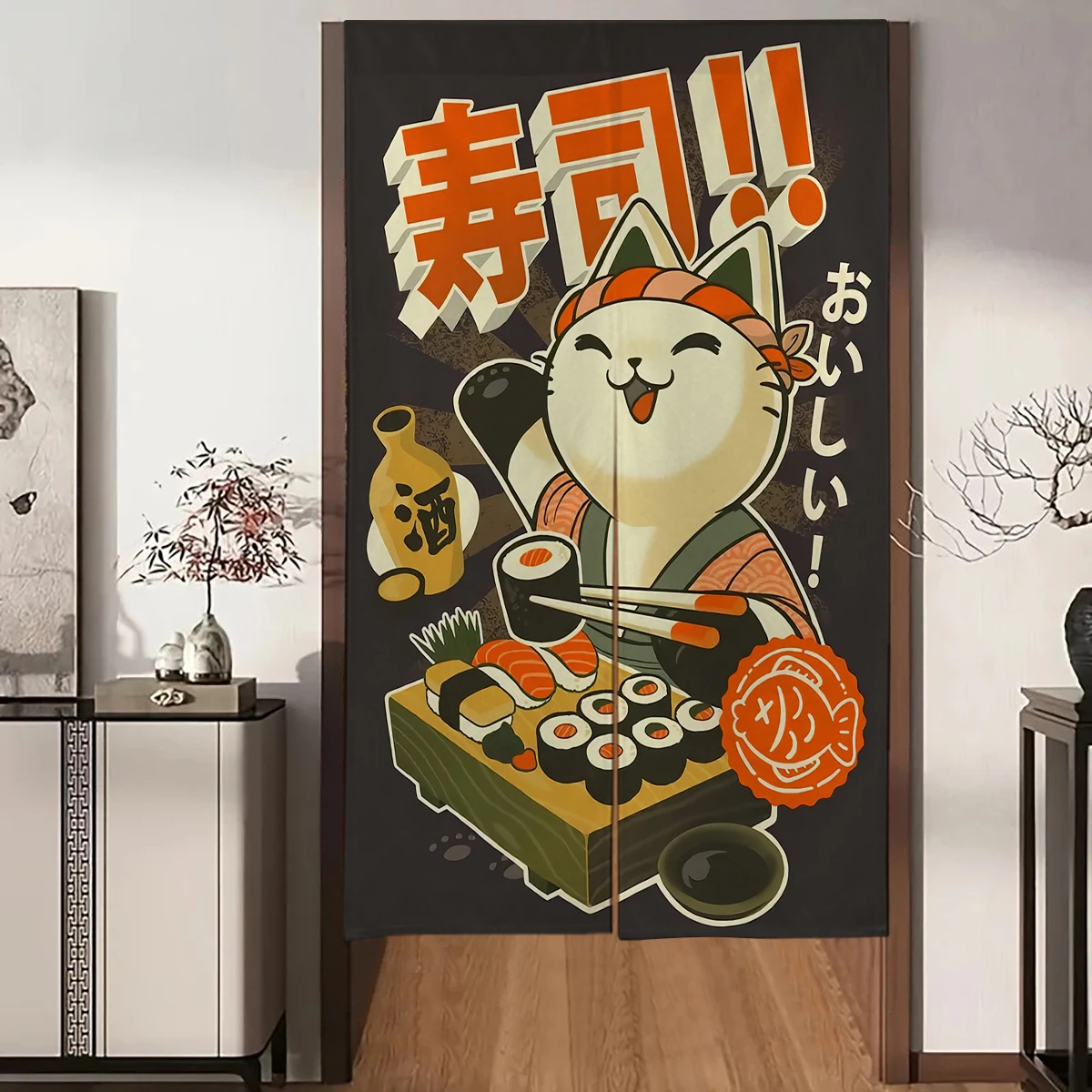 VIKAMA Cartoon Maneki-neko Sushi Half-Door Curtain, Decorative Hanging Curtain for Sushi and Japanese Restaurants
