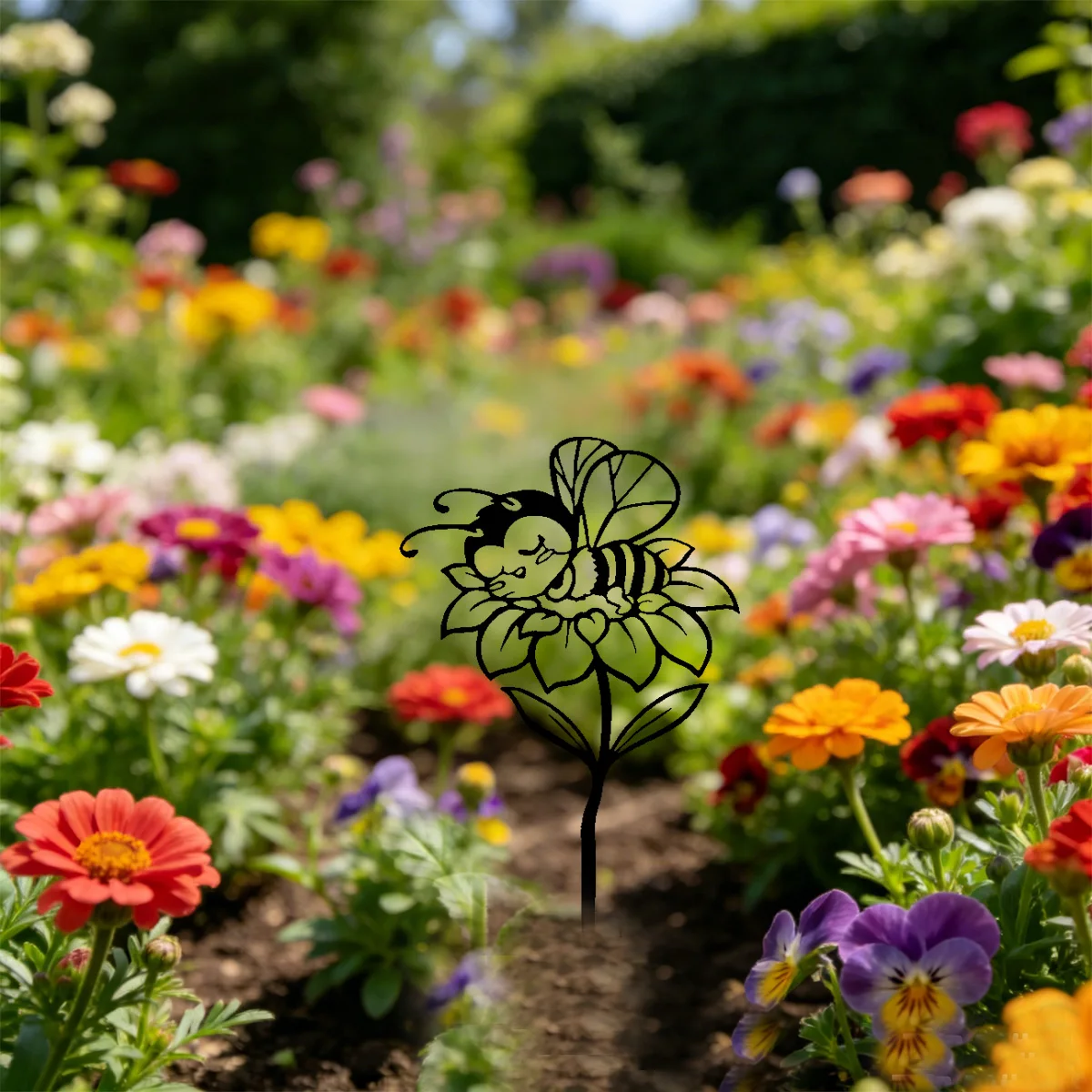1Pc Iron Garden Decorative Stake, Fun Decorative Stake Featuring the Image of a Little Bee Sleeping on a Flower, Suitable for Outdoor Lawns, Courtyard Gardens, Flower Beds, and Flower Pot Decorations.