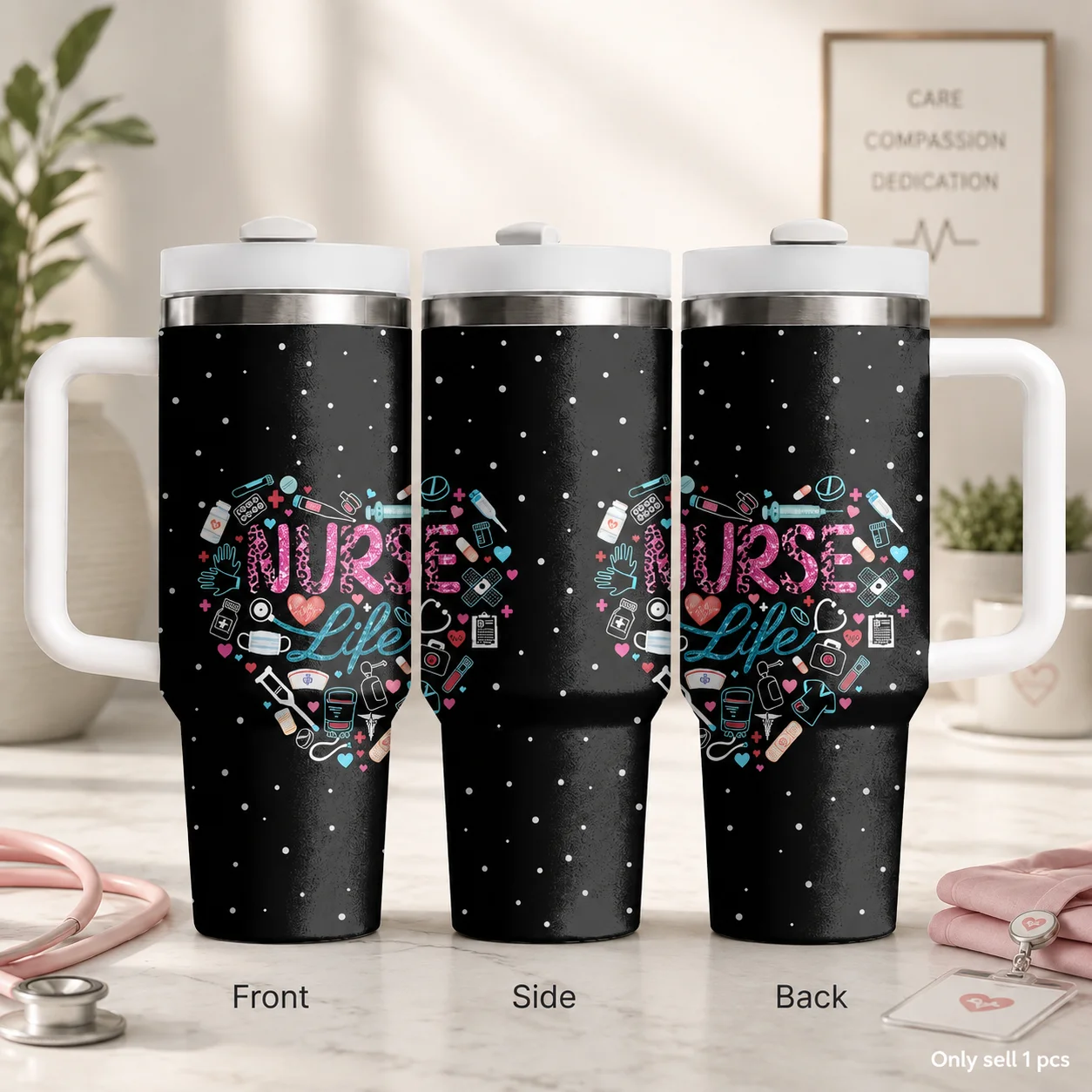 Care Crew Nurse Heart Design Vacuum Flasks 40oz Stainless Steel Insulated Tumbler With Handle & Straw Leakproof Travel Mug