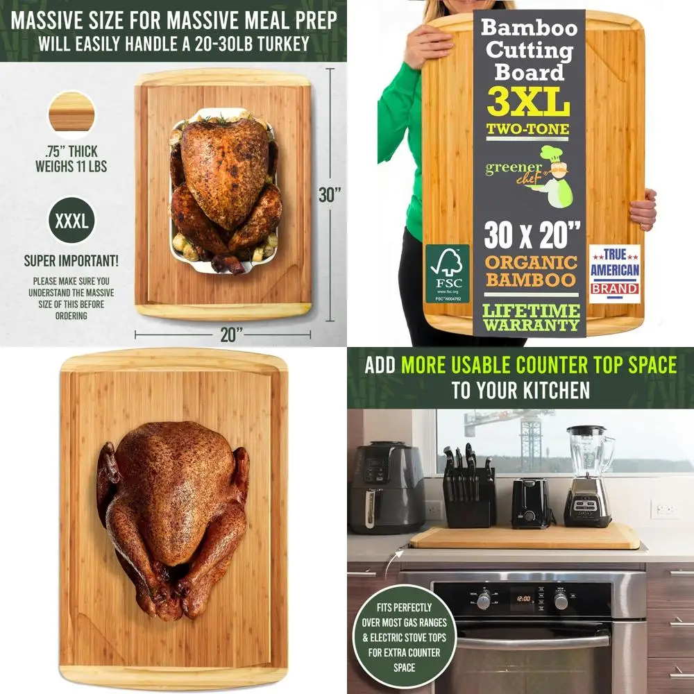 

Organic Large Bamboo Cutting Board for Carving Turkey, Grilling Brisket, BBQ with Lifetime Replacements
