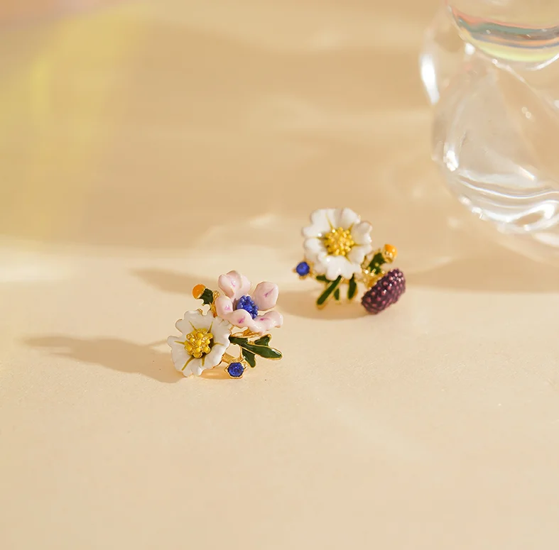 New unique enamel flower earrings Mori retro asymmetric stud earrings