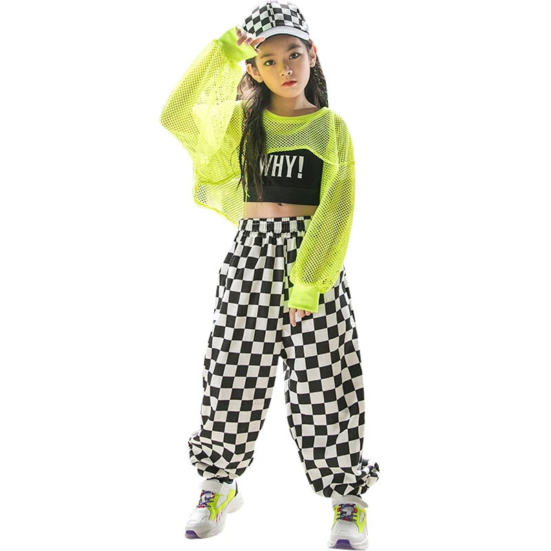 Dance Costumes Performance Wear Children Hip Hop Clothing Cropped Fluorescent Green Mesh Tops Casual Pants Girls Jazz