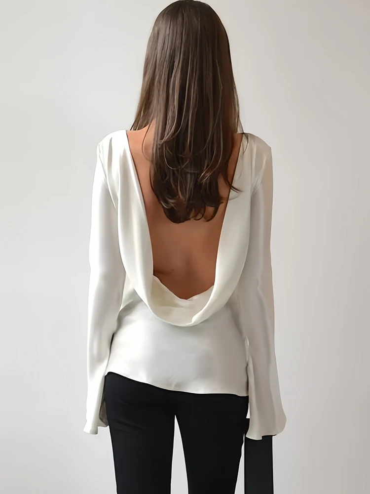 Oniflyme Flare Sleeve Backless Satin T-shirt Women Fashion Solid Round Neck Slim Tee Top Female Autumn Streetwear Bascis T Shirt