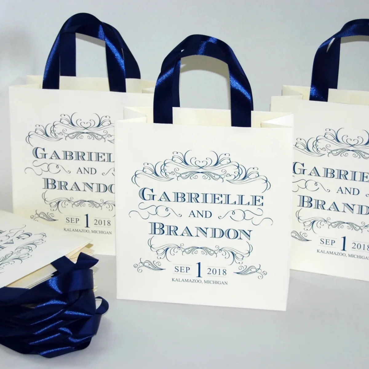 

Wedding Welcome Bags with satin ribbon handles and your names, Navy Blue Personalized wedding favor for hotel guests, Elegant we