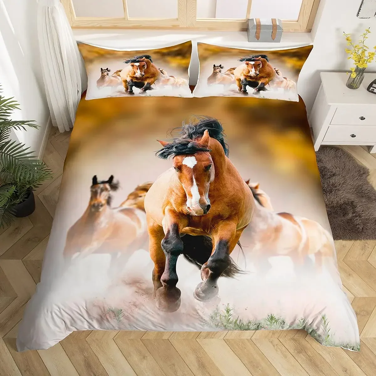 

Horse Duvet Cover Animal Bedding Set for Kids Teens Western Cowboy Sunset Scenery Double Queen King Size Polyester Qulit Cover