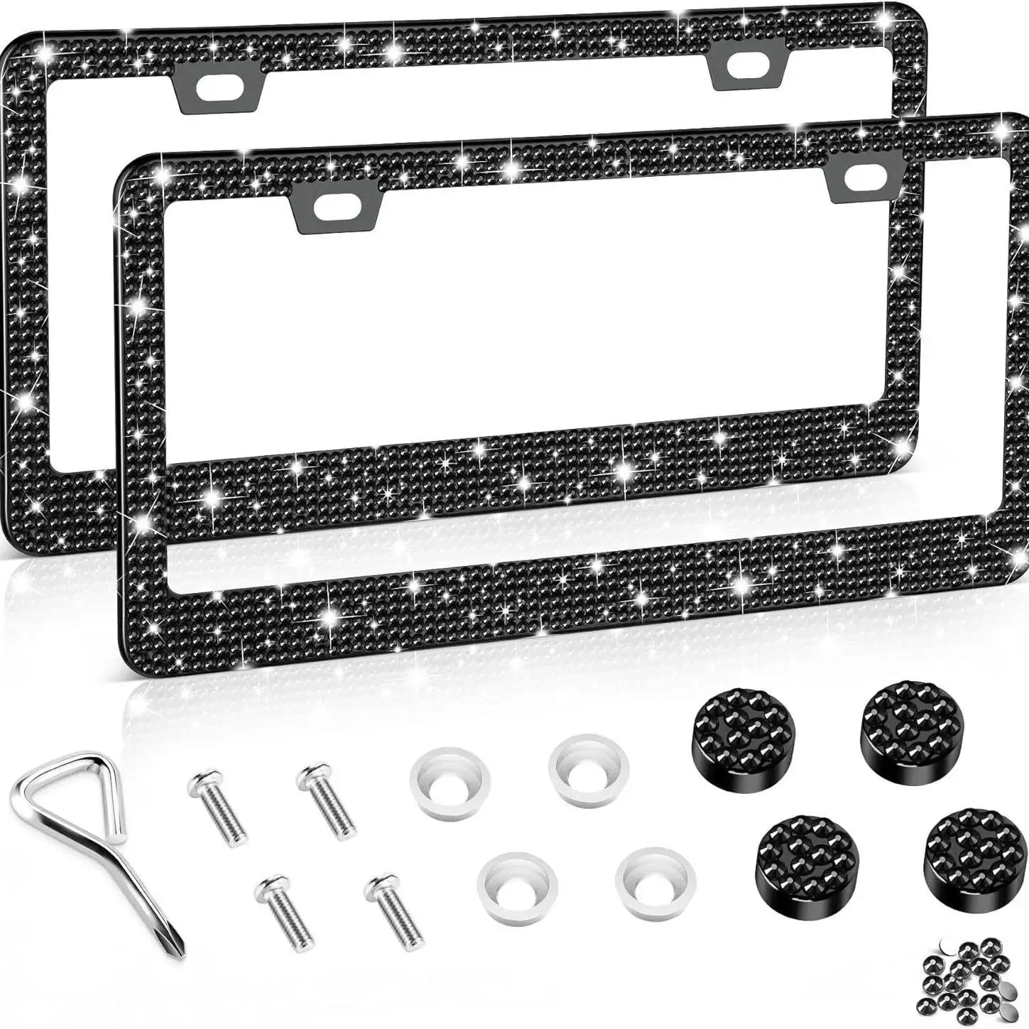 2pcs Universal Standard Bling License Plate Frame, Sparkling Fake Rhinestone Car Tag Cover with Screw Caps