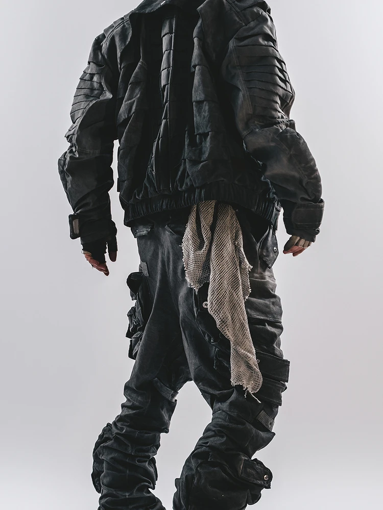 DRKLE1SW Retro Style Loose Fit Dragon Spine Stand Collar Jacket Motorcycle Jacket Worn Wash Cotton Men's Outerwear