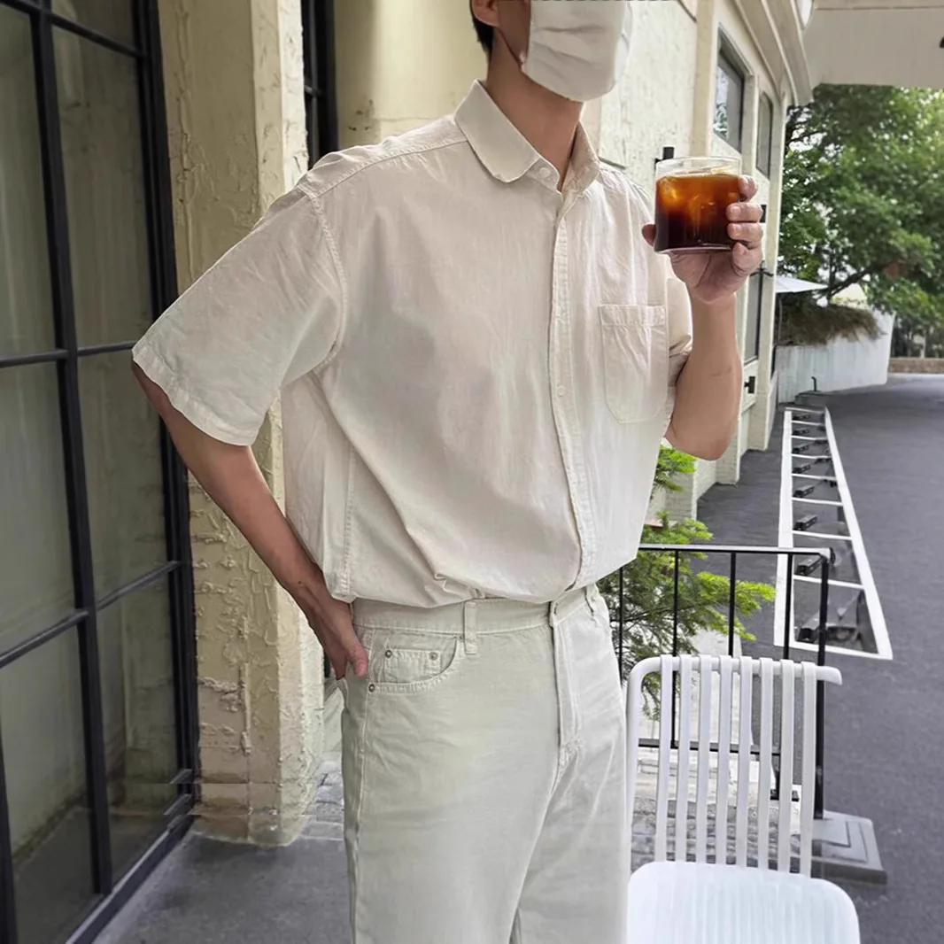 American Vintage Linen Single Pocket Loose Short Sleeve Tencel Shirt Men's Breathable Casual Top
