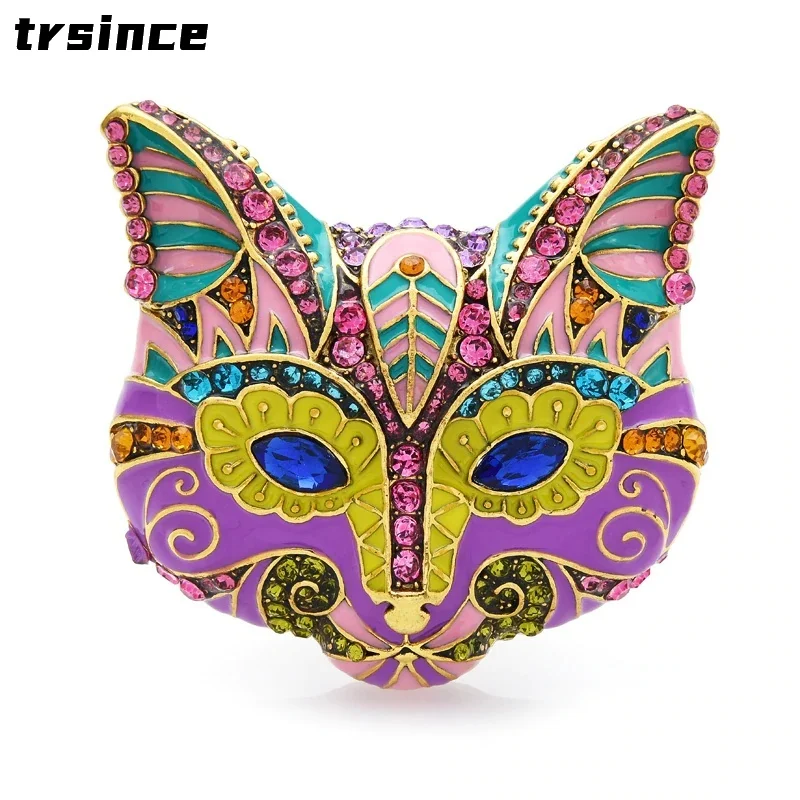 Luxury Multicolor Enamel Cat Fox Head Brooches Rhinestone Animal Women Party Brooch Pins 2022 Fashion Jewelry Gift