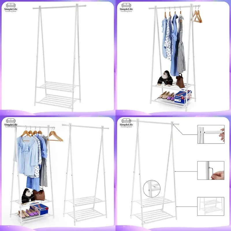 White Iron Coat Rack with 2 Tier Shoe Storage Basket Space Saving Clothes Hanger Stand Bedroom Entryway Hall Tree Organizer