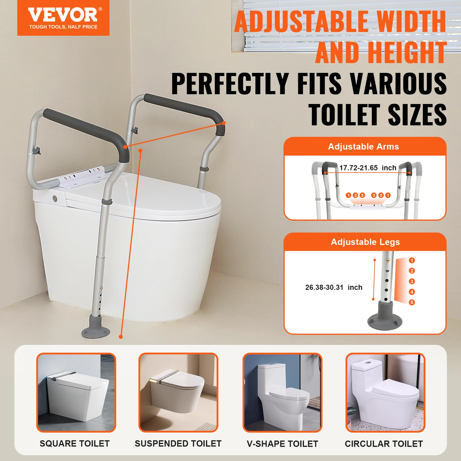 VEVOR Toilet Safety Rail Adjustable Width & Height  Supports 300lbs Toilet Handles Grab Bars for Handicap Disabled Seniors