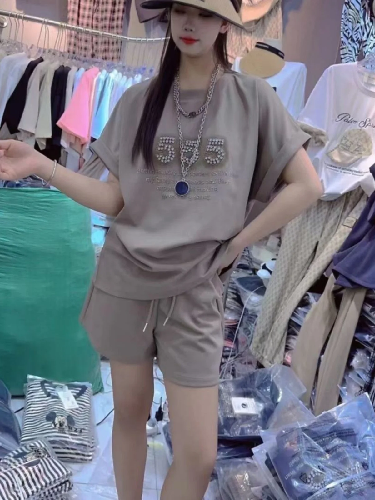 

Summer plus Size Batwing Sleeve Top And Shorts Set Casual Loose Meat Concealing Two Piece Set Women Universal Waist Shorts