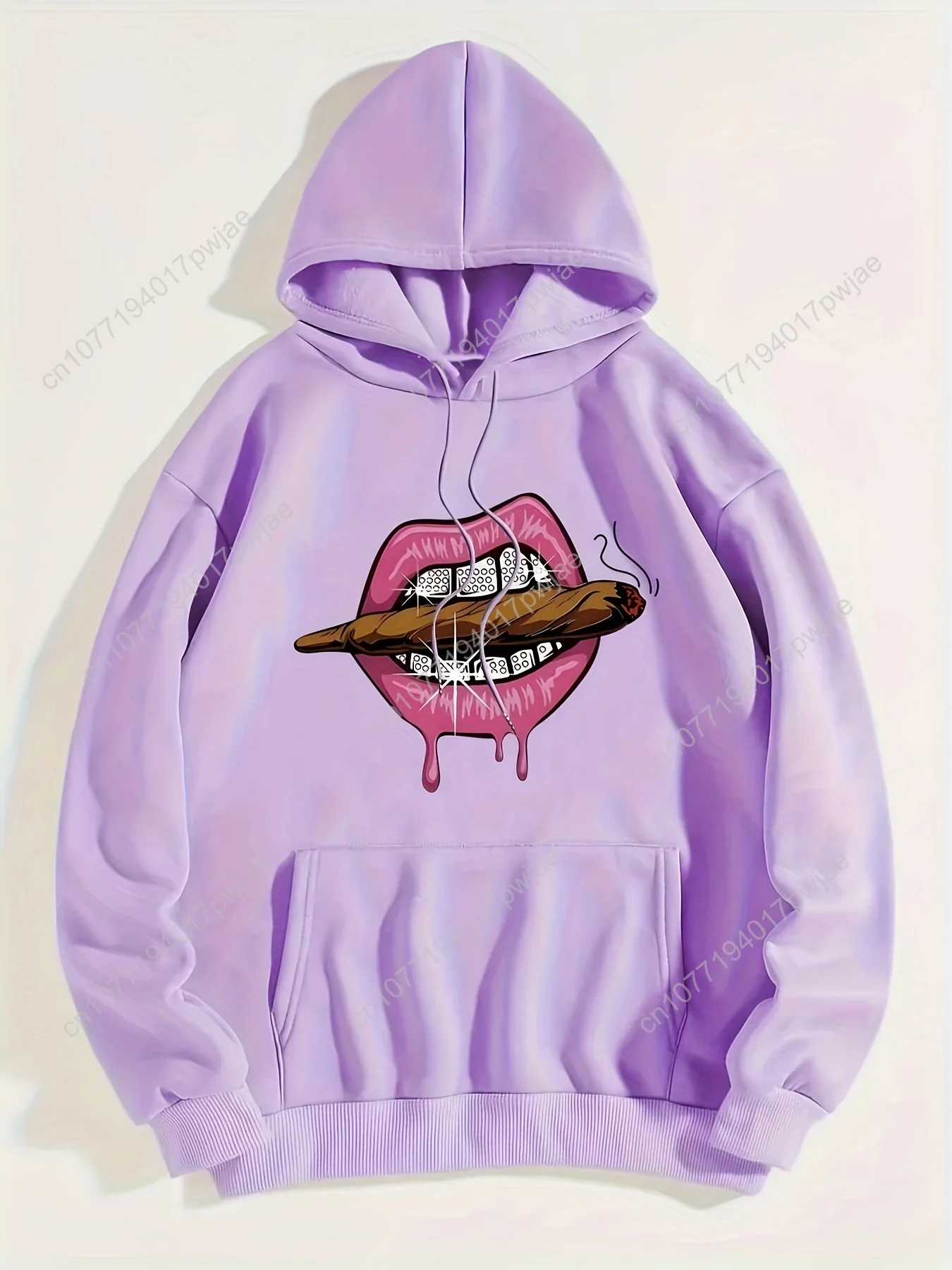 Felpa con cappuccio da donna con stampa grafica fumante - Pullover casual oversize con cappuccio con coulisse, sigaro cartone animato e labbra rosa Desi