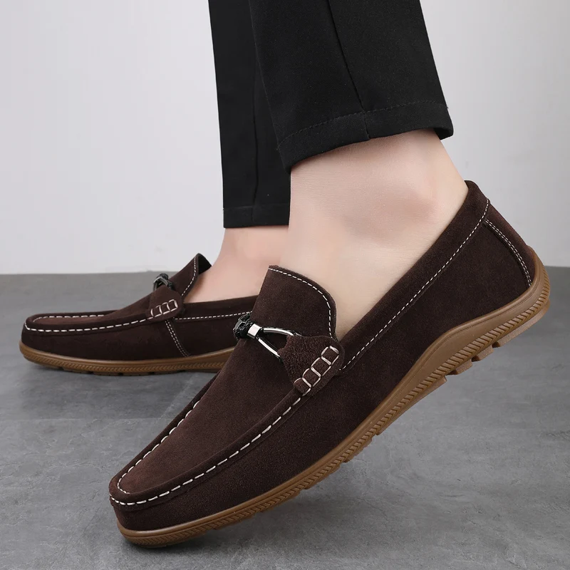 Spring Summer Mens Low Rise Ankle Suede Leather Shoes with A Flat Bottom Casual Loafers Fashionable Brand Comfortable Boat Shoes