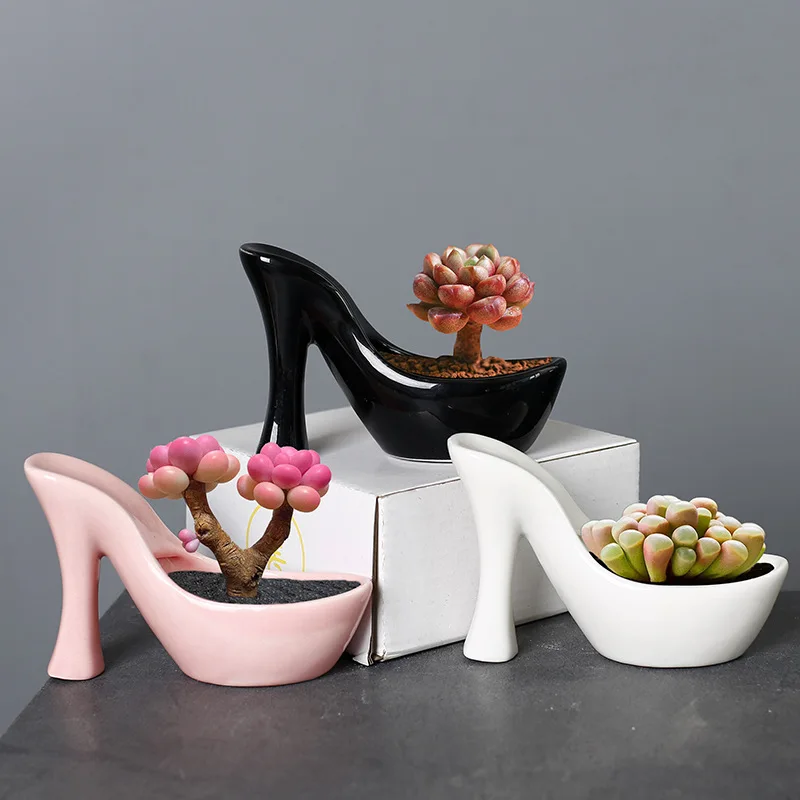 High Heeled Shoes Flower Pot with Drainage Hole Ceramic Vase Succulent Cactus Planting Planter Flowerpot Home Garden Decor