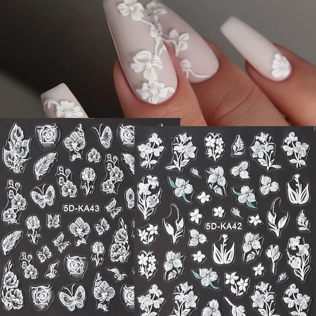 2 قطعة 5D الأبيض تتفتح أزهار زهرة تنقش مسمار الفن ملصقات زهرة الورد فراشة يترك ذاتية اللصق المنزلق الشارات DIY M