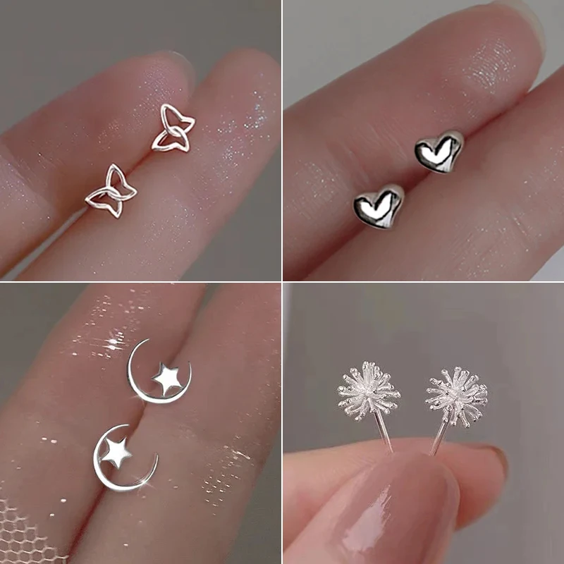 Korean Tiny Minimalist Butterfly Heart Stud Earrings for Women Student Teen Hypoallergenic Daily Wear Ear Piercing Jewelry