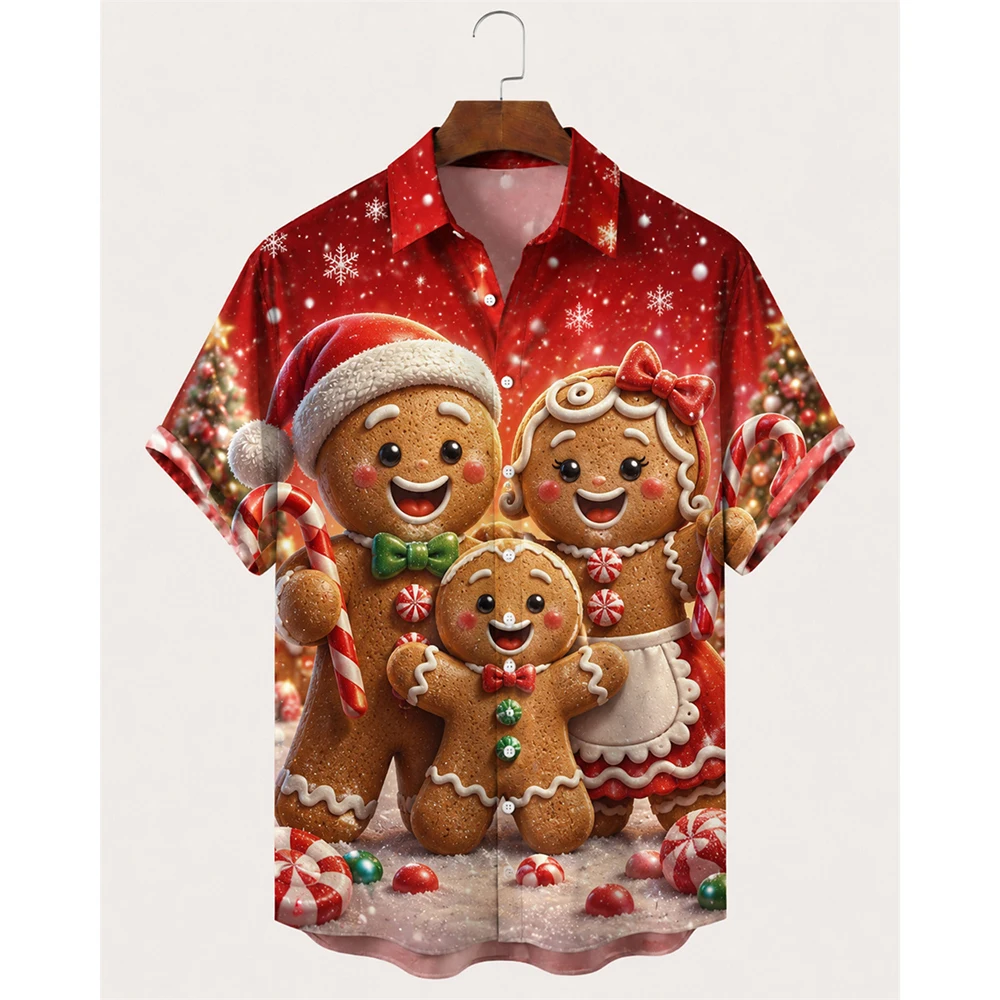 Christmas Gingerbread Family Shirt For Men Cookie Santa Claus Print Short Sleeve Button Up Holiday Party Casual Festive Wear