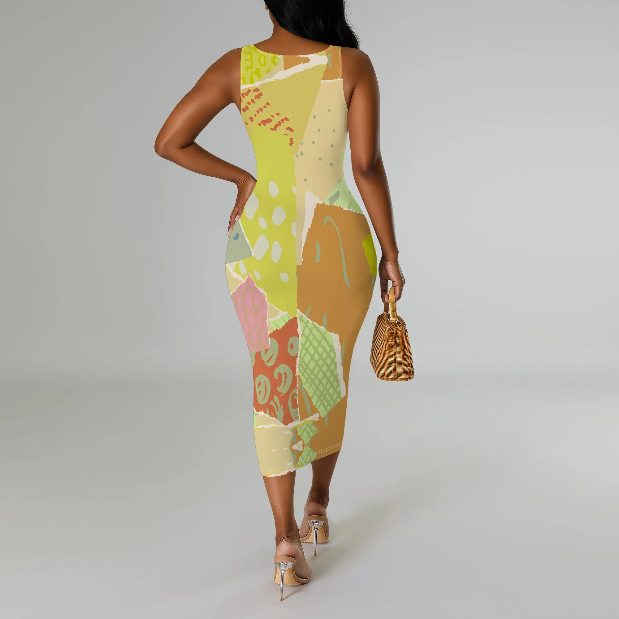 Plus size mouwloze bodycon-jurk Kleurrijke patchwork artistieke print tank midi-jurk voor de zomer