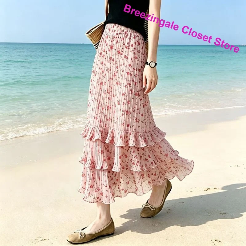 Korean-style fashion pink floral chiffon pleated long skirt female summer and autumn slim layered design sense gentle wind skirt