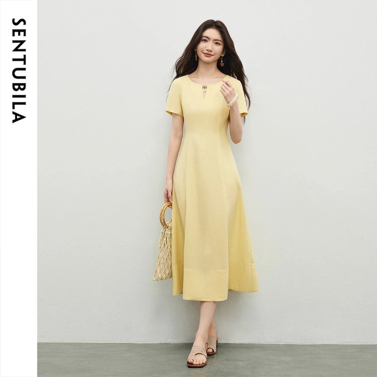 

SENTUBILA Women's Minimalist Office Yellow Short Sleeve Summer Dress 2026 Crew Neck Cut Out Beaded Button A-Line Dress 162LI5959