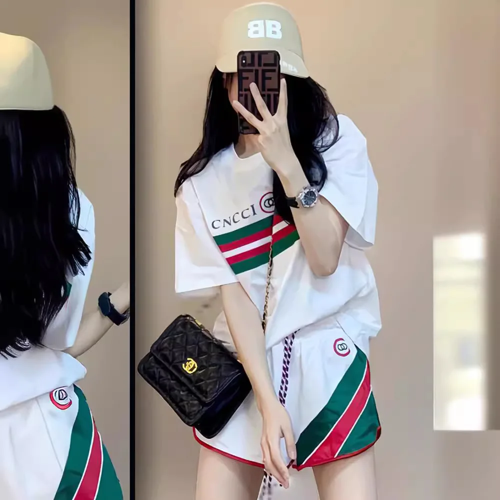 

Women 2025 New Casual Striped Golf Shorts Suits Summer Loose Oversize White Two Piece Sets Short Sleeve Strecth Outfits