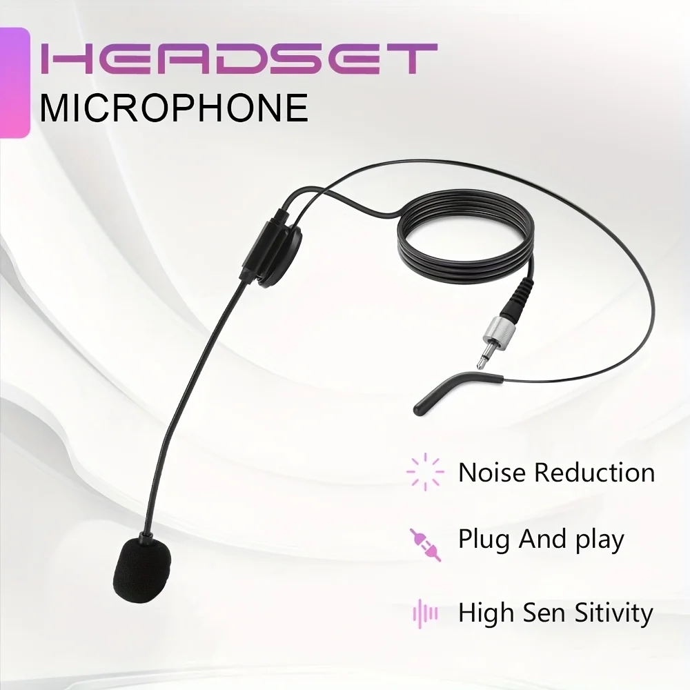 Headset microphone with noise-canceling earpiece, compatible with belt-pack transmitter, ideal for teaching and conferences.