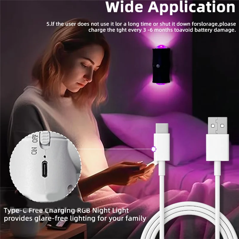 ABDJ-USB 충전식 RGB 듀얼 헤드 모션 센서 LED 벽 램프 침실 복도 계단 야간 조명용 7색 조명