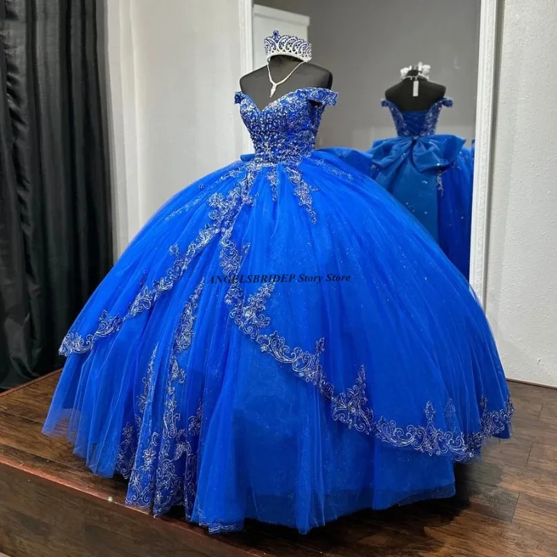 Angelsbridep Royal Blue Princess Quinceanera Dresses Appliques Beads Tull Corset Sweet 16 Birthday Vestido 15 Anos Customized