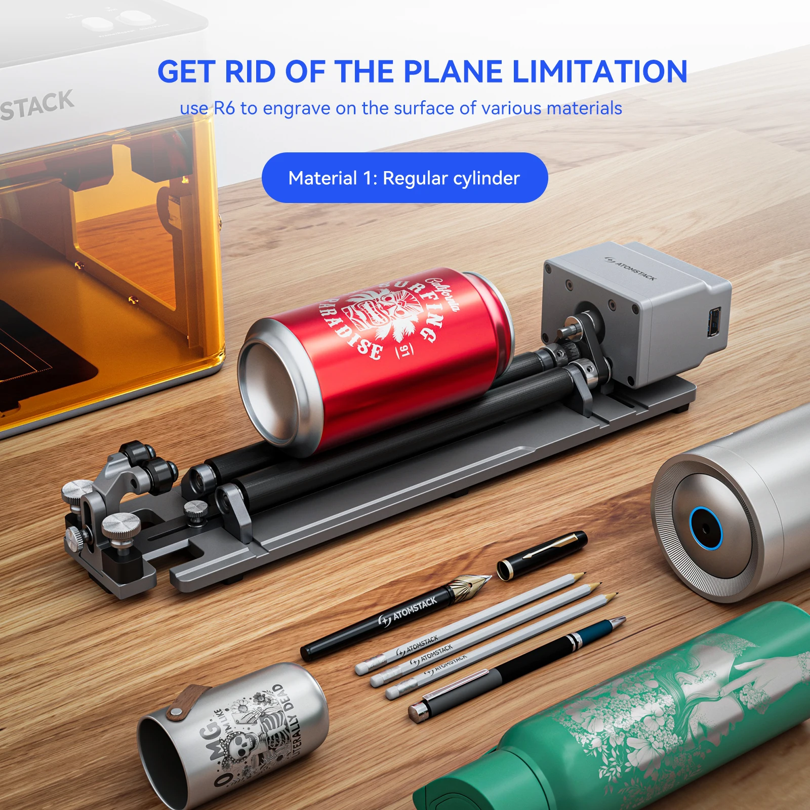 ATOMSTACK R8 With H5 Rotating Chuck For Laser Engraver For Irregular Spherical and Cylindrical Objects 180° Rotating 1-80mm