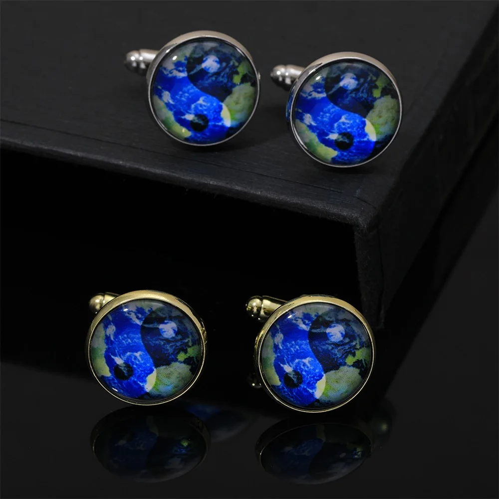 Blue World Meteorological Map Cuff Links Glass Cabochon Taiji Flower Cufflinks For Women Men Jewelry Accessories