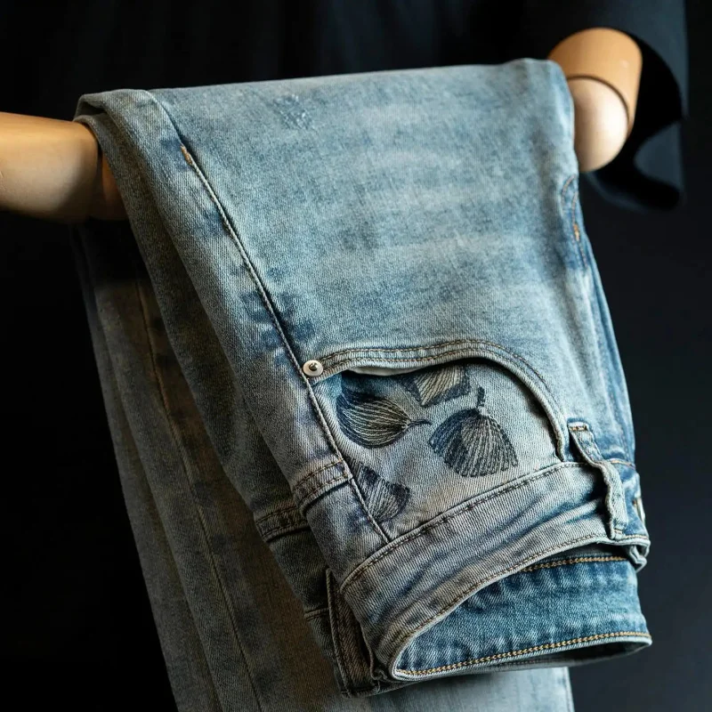2026 Spring Men's Jeans Embroidered & Patterned, Vintage Ripped Layered Denim Pants, Stylish Casual Straight Pants with Ripped D