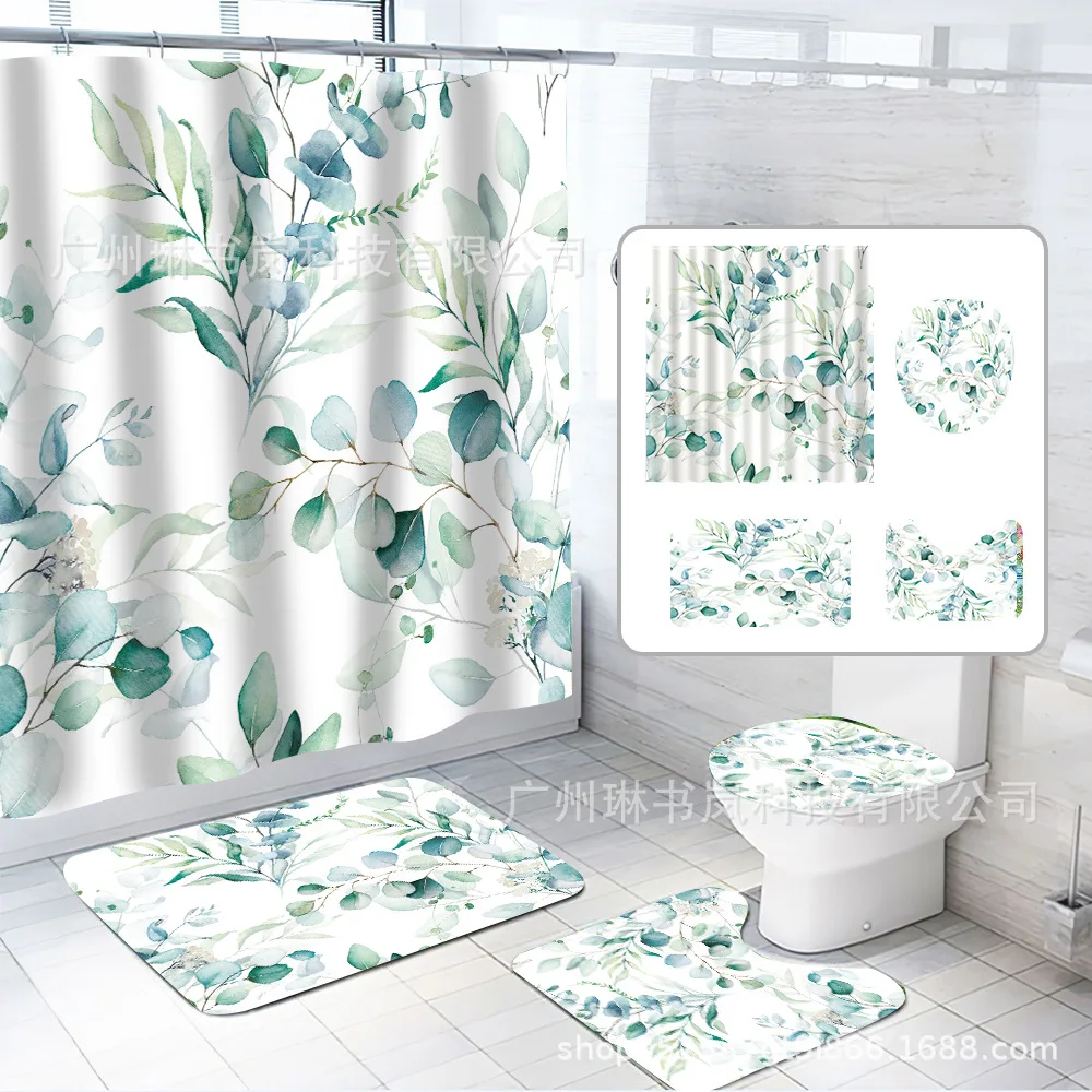 Tropical Leaves Shower Curtain Sets Green Palm Leaf Plants Bathroom Decor Fashion Non-Slip Rug Bath Mats Toilet Lid Cover