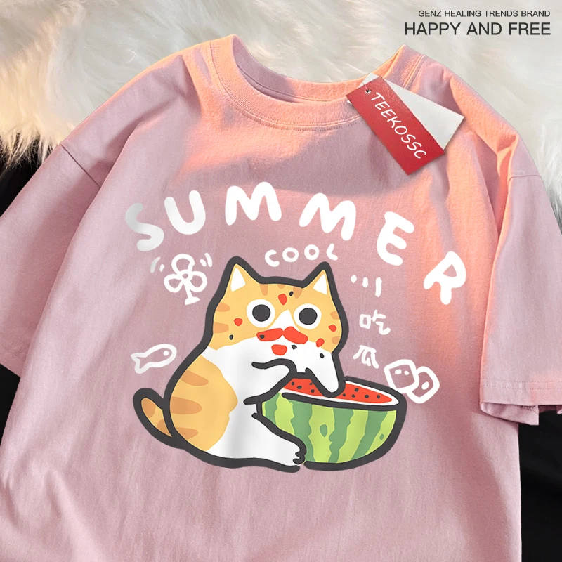 Fun Eating Watermelon Cat Print T Shirt Male Fashion O-Neck T Shirts Hip Hop Quality Shirt Casual Cotton T-Shirt Short Sleeve