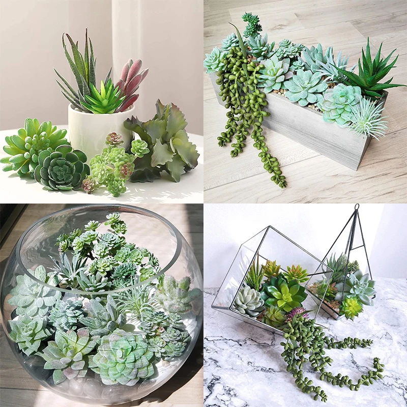 11cs Artificial Succulents Plastic Green Plants Cute Succulent Unpotted Juicy Flocking Plant For Home Indoor Fairy Garden Decor